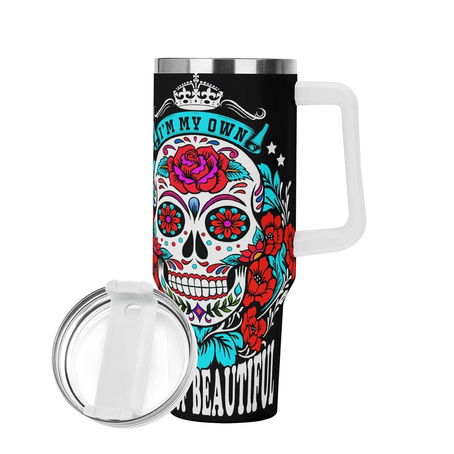 Sugar Skull Tumbler - I'm My Own Kind of Beautiful - Personalized Gift for Her, Day of the Dead Inspired, Colorful Floral Design Tumbler