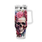 Floral Skull 40 oz Tumbler - Pink Rose Skeleton skull Drinkware - Skeleton Gothic Boho Insulated Cup with Handle - skull Gift for Her