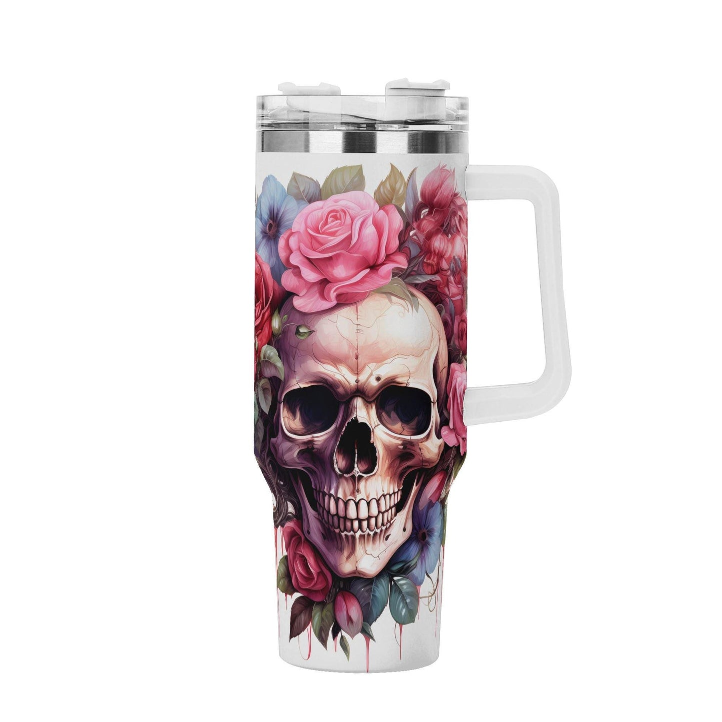 Floral Skull 40 oz Tumbler - Pink Rose Skeleton skull Drinkware - Skeleton Gothic Boho Insulated Cup with Handle - skull Gift for Her