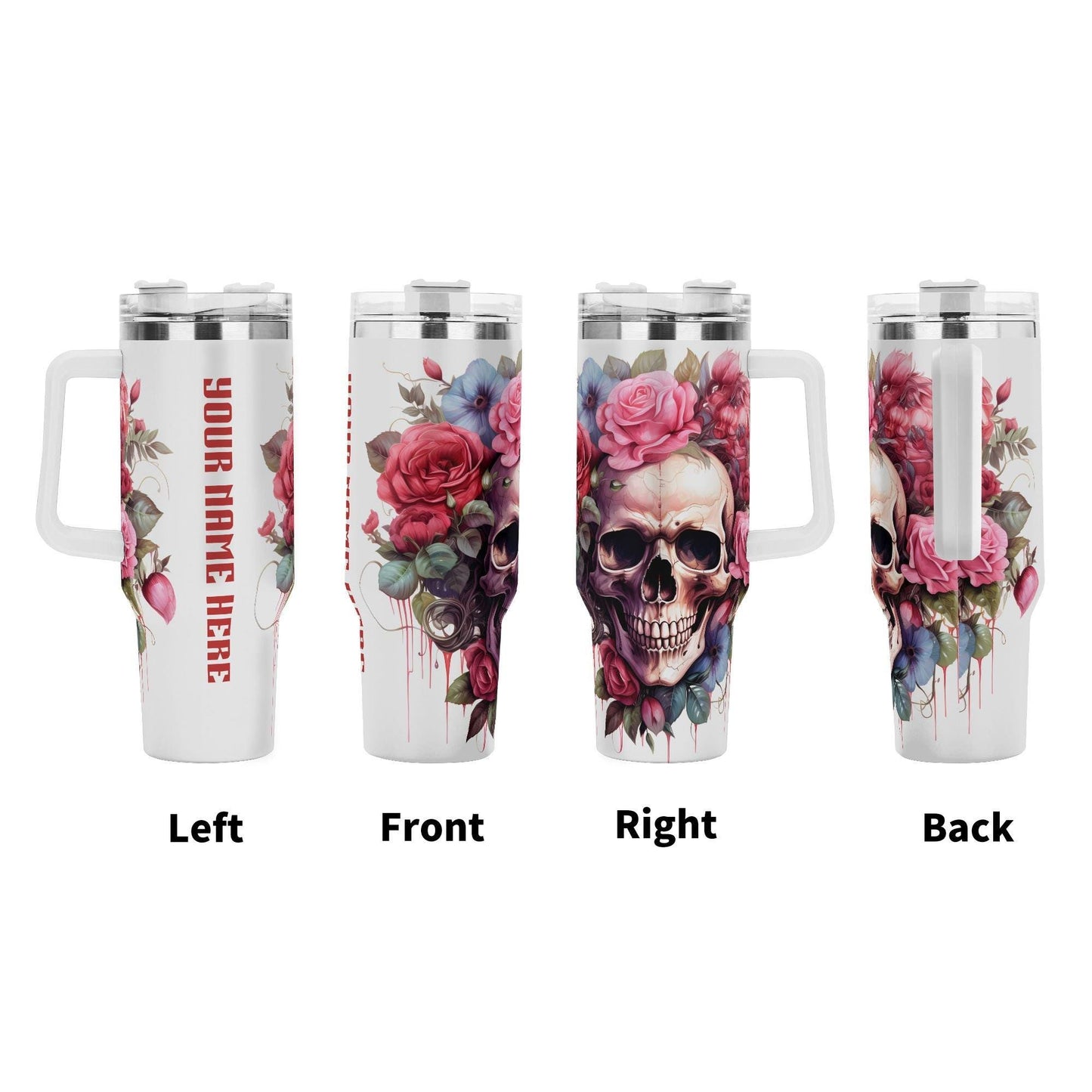 Floral Skull 40 oz Tumbler - Pink Rose Skeleton skull Drinkware - Skeleton Gothic Boho Insulated Cup with Handle - skull Gift for Her