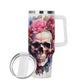 Floral Skull 40 oz Tumbler - Pink Rose Skeleton skull Drinkware - Skeleton Gothic Boho Insulated Cup with Handle - skull Gift for Her