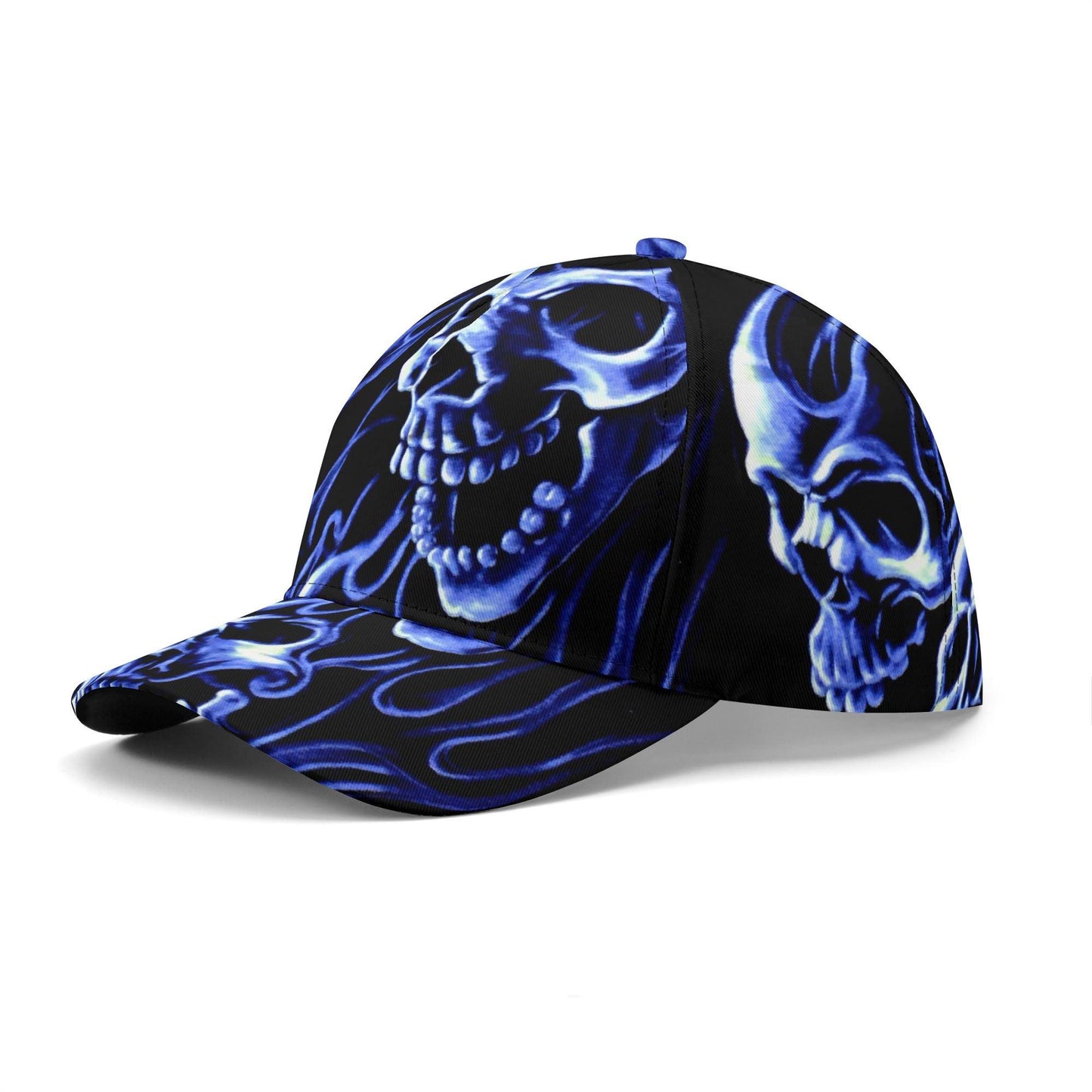 Skull Cap with Blue Flame Design - Gothic Skull Hat, Unique Biker Style, Adjustable Baseball Cap, Edgy Streetwear, Halloween skull Accessory