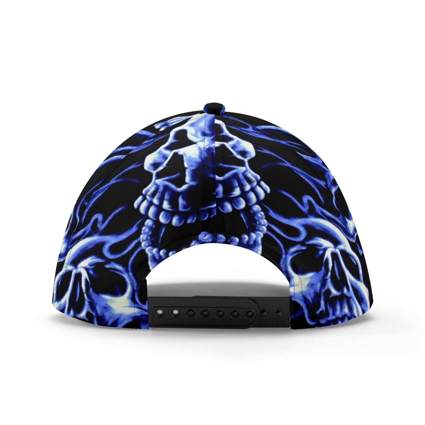 Skull Cap with Blue Flame Design - Gothic Skull Hat, Unique Biker Style, Adjustable Baseball Cap, Edgy Streetwear, Halloween skull Accessory