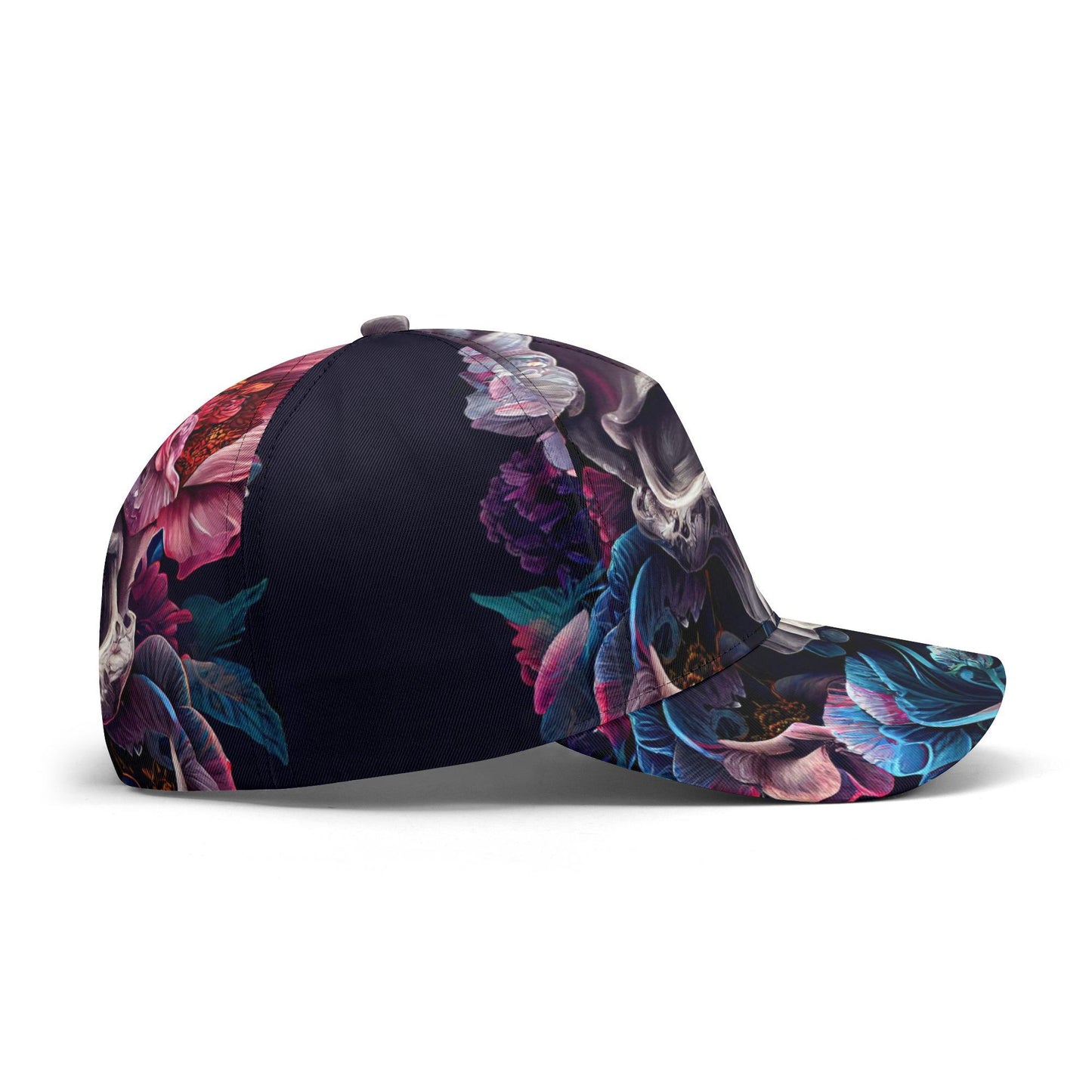 Floral Skull Cap - Gothic rose skull Hat, Biker Style, Adjustable Snapback cap, Edgy Streetwear, Halloween skull Gift, Unique Skull Graphic