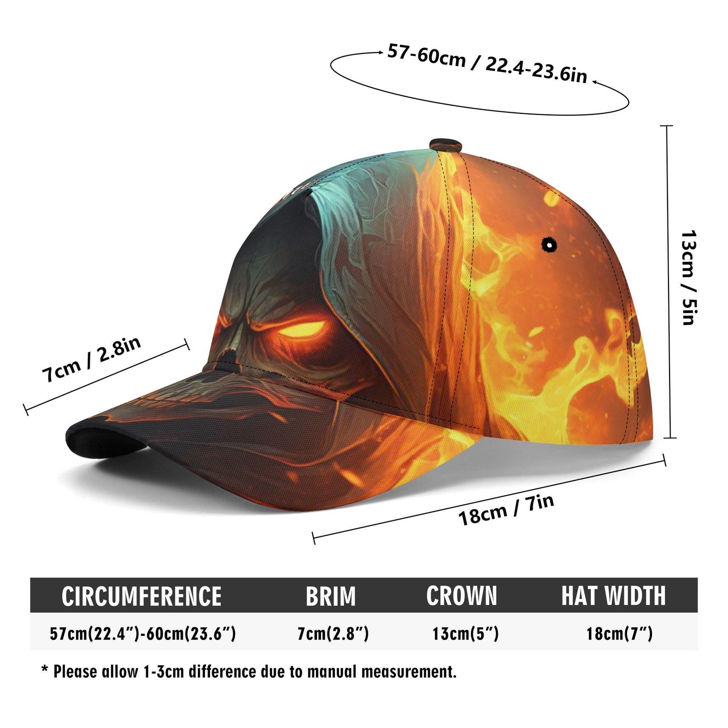 Grim reaper skull baseball cap, fire skull adjustable hat skull baseball cap, skull cap, goth cap, halloween skeleton flame skull cap