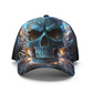 Personalized Flaming Skull Cap - Custom Name Blue Fire Skull Trucker Hat, Gothic Skeleton Streetwear, Unique Headwear for Men & Women