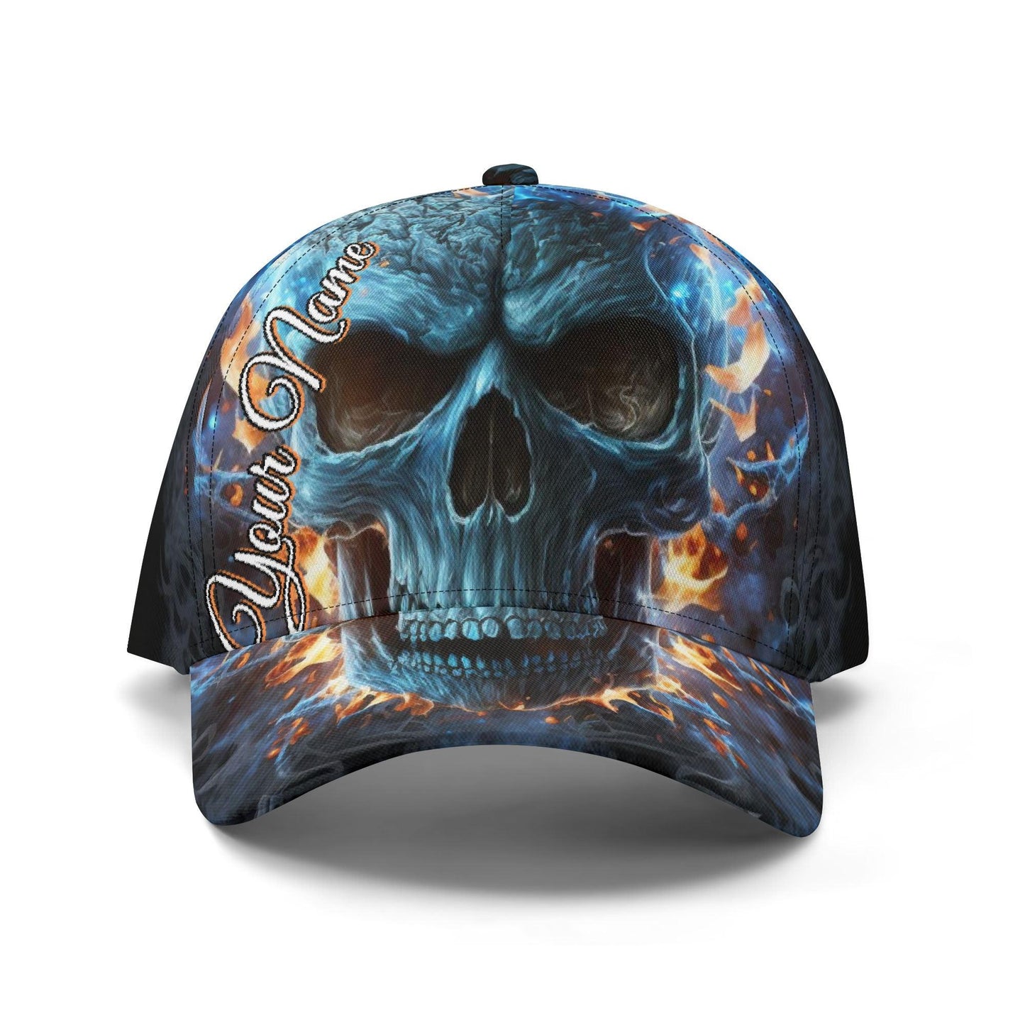 Personalized Flaming Skull Cap - Custom Name Blue Fire Skull Trucker Hat, Gothic Skeleton Streetwear, Unique Headwear for Men & Women