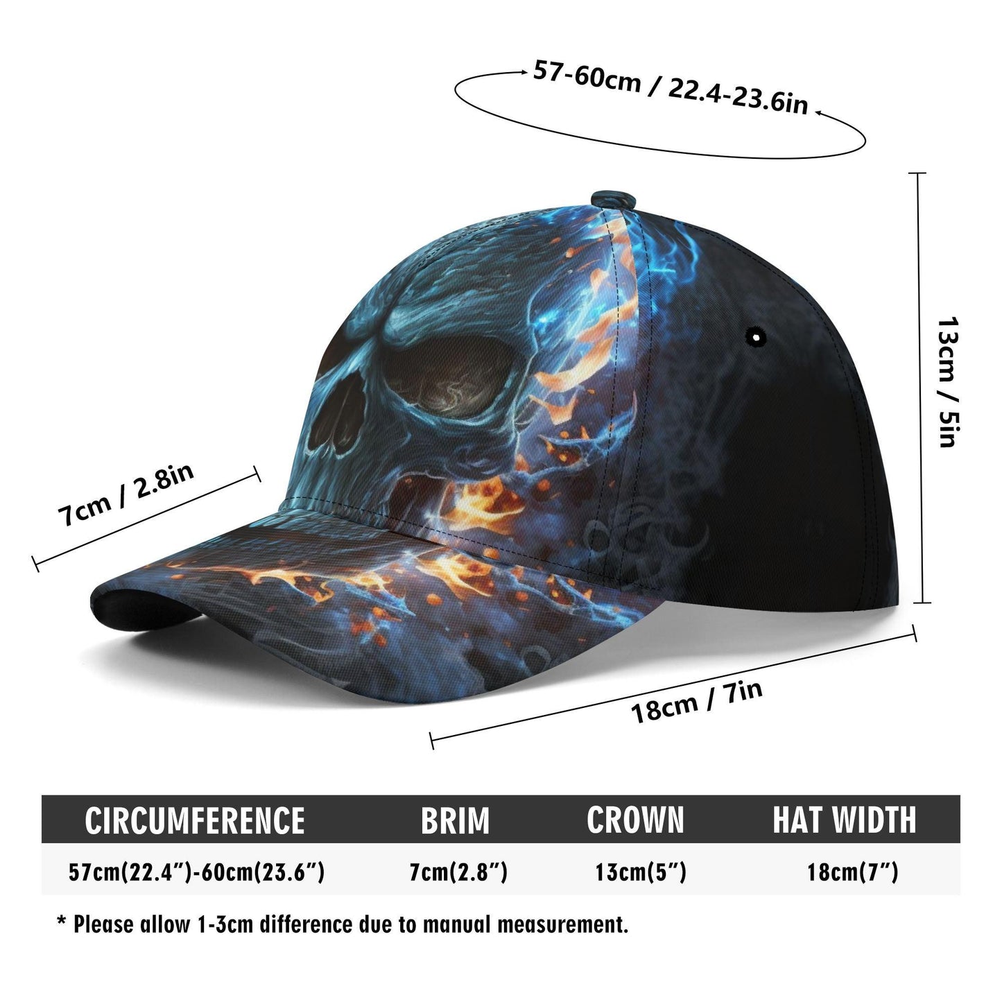 Personalized Flaming Skull Cap - Custom Name Blue Fire Skull Trucker Hat, Gothic Skeleton Streetwear, Unique Headwear for Men & Women