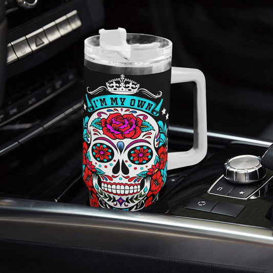 Sugar Skull Tumbler - I'm My Own Kind of Beautiful - Personalized Gift for Her, Day of the Dead Inspired, Colorful Floral Design Tumbler