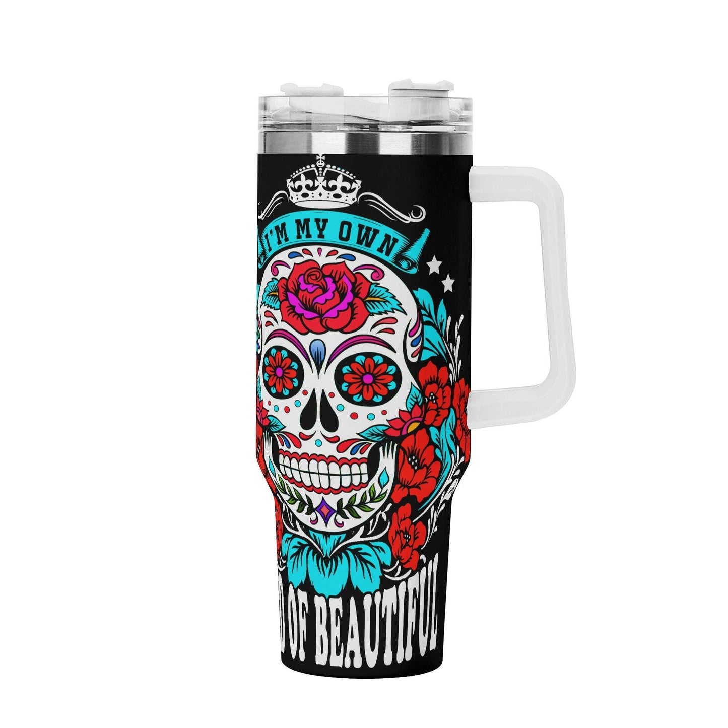 Sugar Skull Tumbler - I'm My Own Kind of Beautiful - Personalized Gift for Her, Day of the Dead Inspired, Colorful Floral Design Tumbler