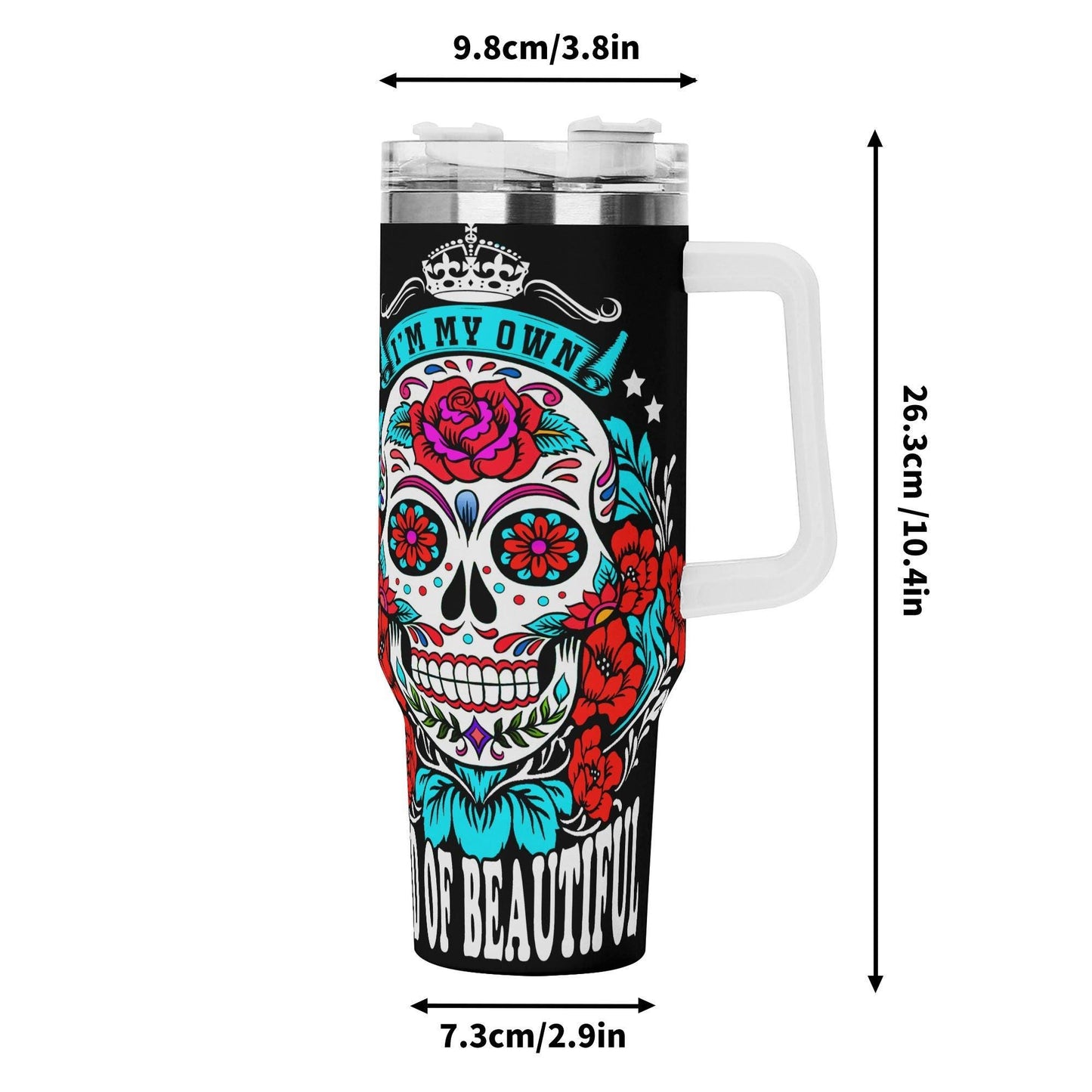 Sugar Skull Tumbler - I'm My Own Kind of Beautiful - Personalized Gift for Her, Day of the Dead Inspired, Colorful Floral Design Tumbler