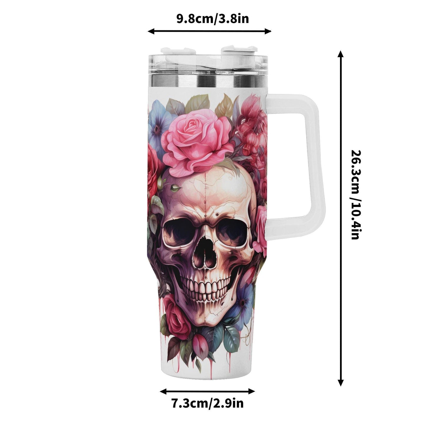 Floral Skull 40 oz Tumbler - Pink Rose Skeleton skull Drinkware - Skeleton Gothic Boho Insulated Cup with Handle - skull Gift for Her