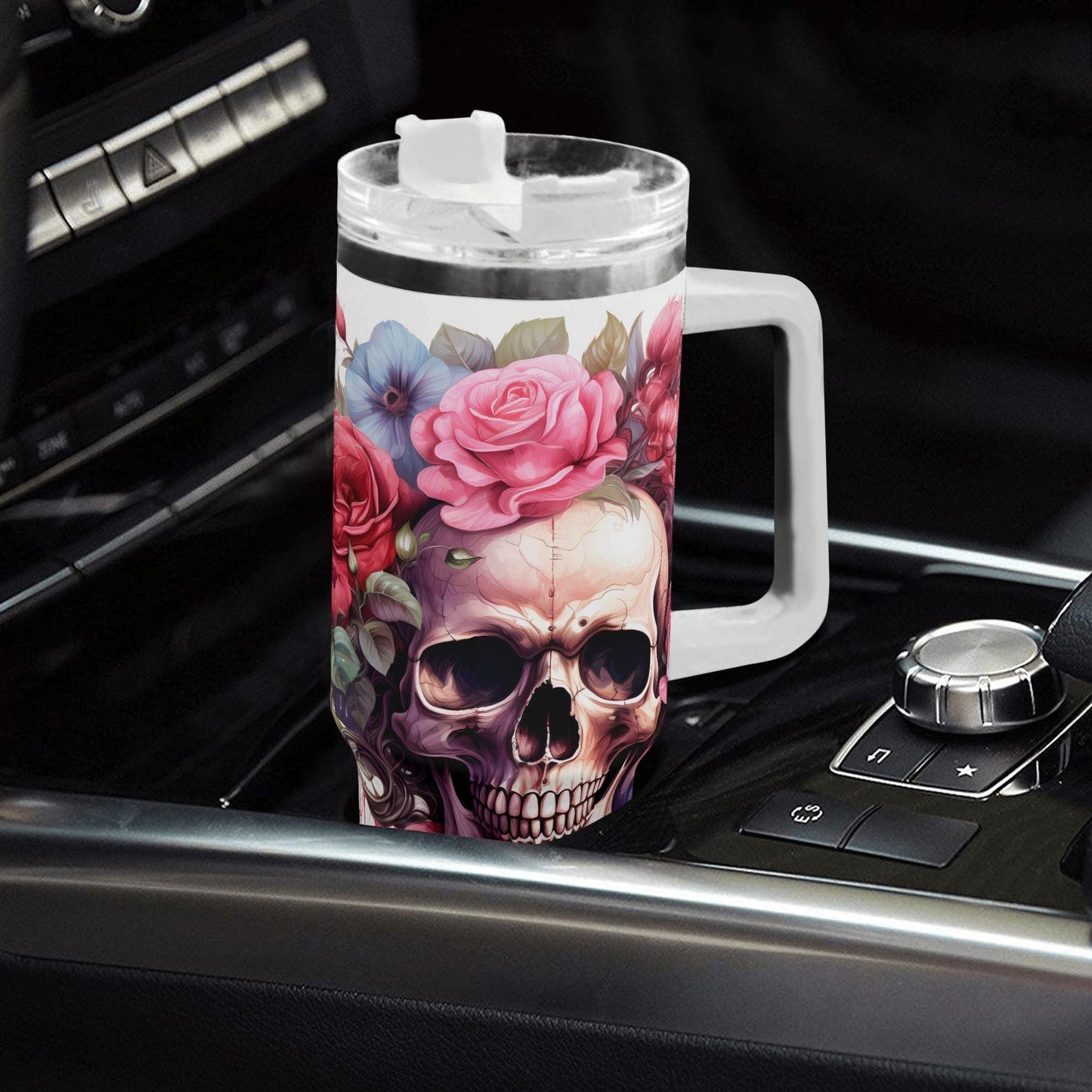 Floral Skull 40 oz Tumbler - Pink Rose Skeleton skull Drinkware - Skeleton Gothic Boho Insulated Cup with Handle - skull Gift for Her