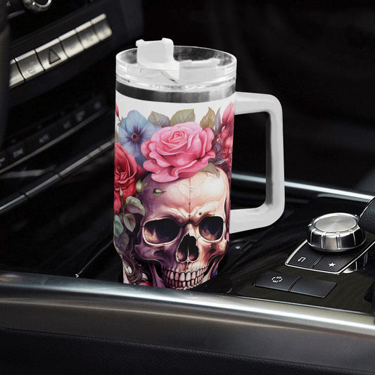 Floral Skull 40 oz Tumbler - Pink Rose Skeleton skull Drinkware - Skeleton Gothic Boho Insulated Cup with Handle - skull Gift for Her