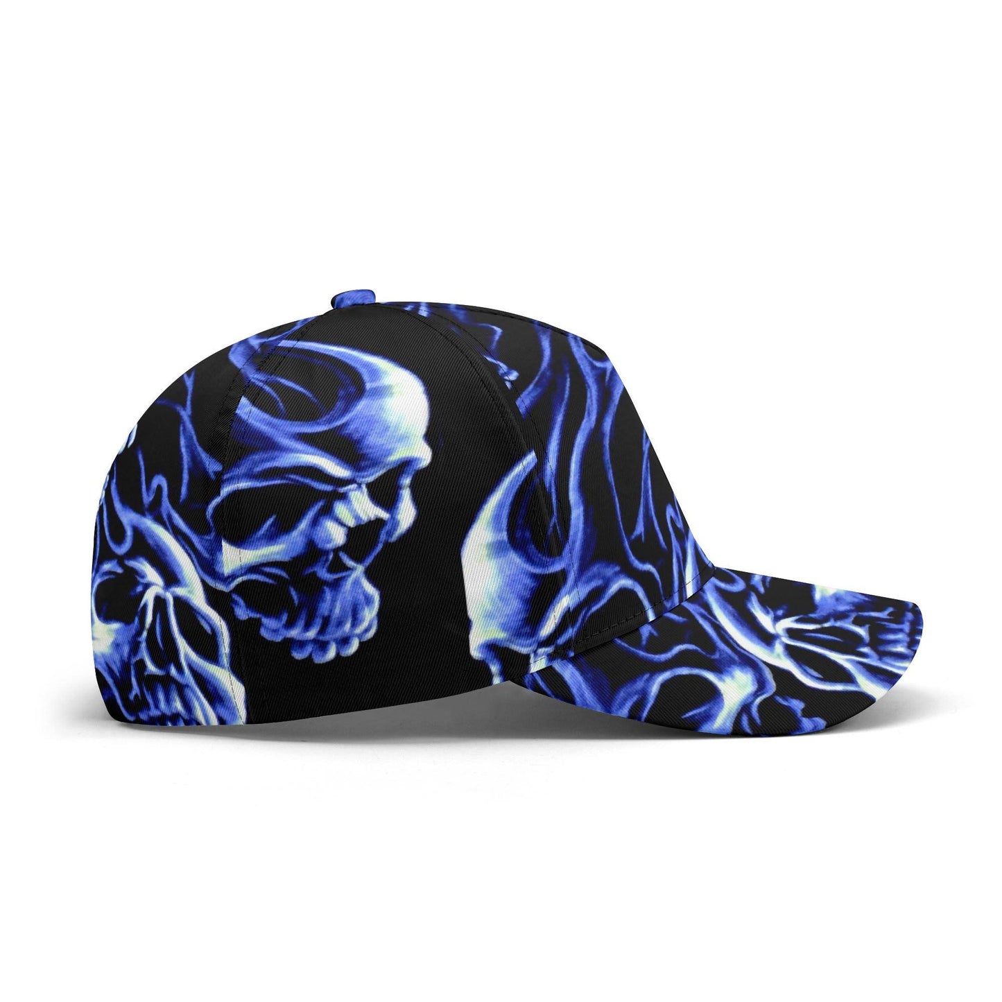 Skull Cap with Blue Flame Design - Gothic Skull Hat, Unique Biker Style, Adjustable Baseball Cap, Edgy Streetwear, Halloween skull Accessory