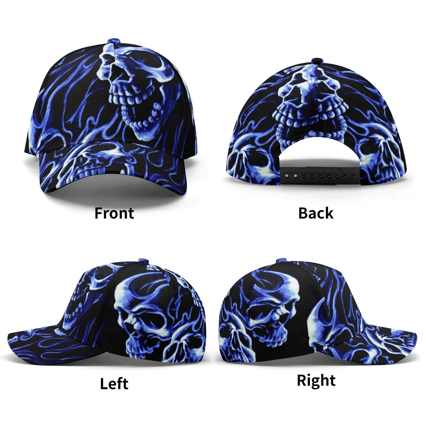 Skull Cap with Blue Flame Design - Gothic Skull Hat, Unique Biker Style, Adjustable Baseball Cap, Edgy Streetwear, Halloween skull Accessory