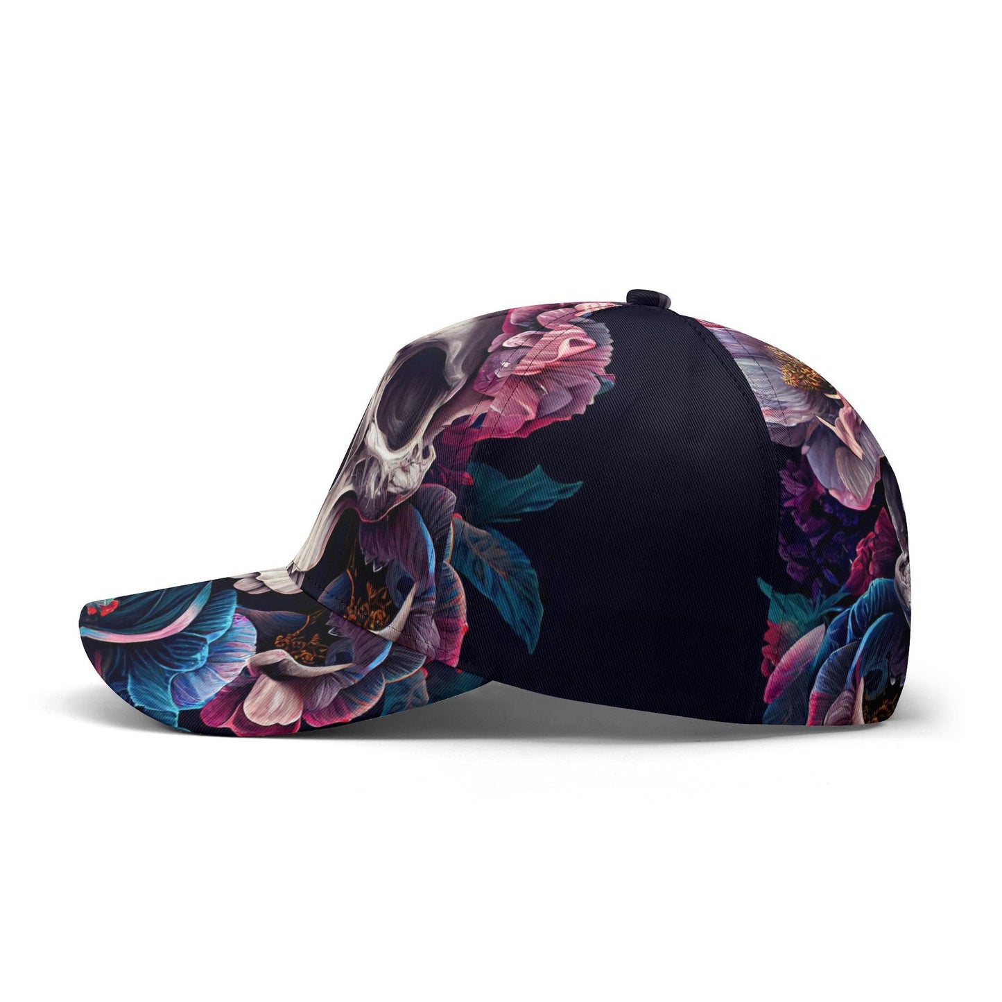 Floral Skull Cap - Gothic rose skull Hat, Biker Style, Adjustable Snapback cap, Edgy Streetwear, Halloween skull Gift, Unique Skull Graphic