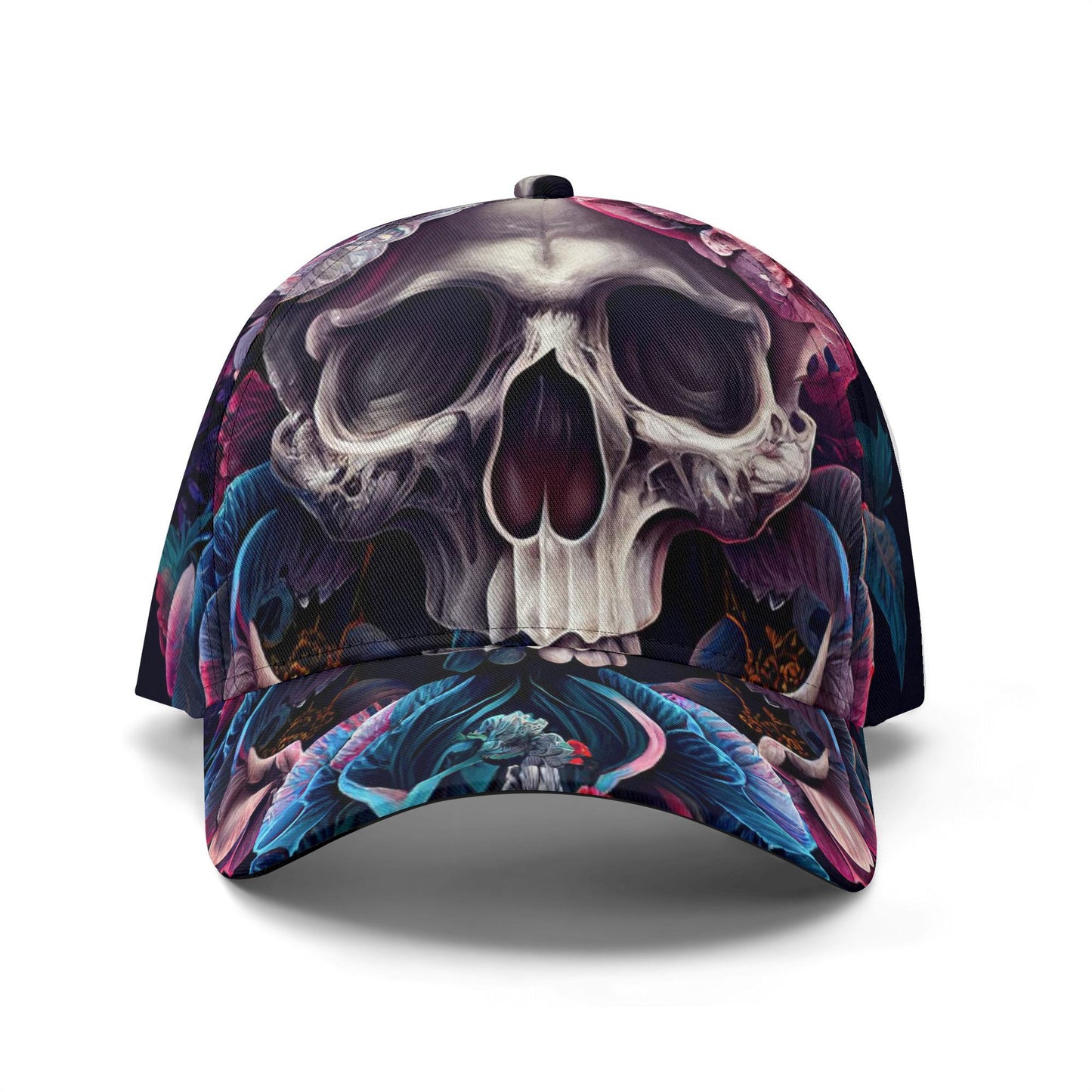 Floral Skull Cap - Gothic rose skull Hat, Biker Style, Adjustable Snapback cap, Edgy Streetwear, Halloween skull Gift, Unique Skull Graphic