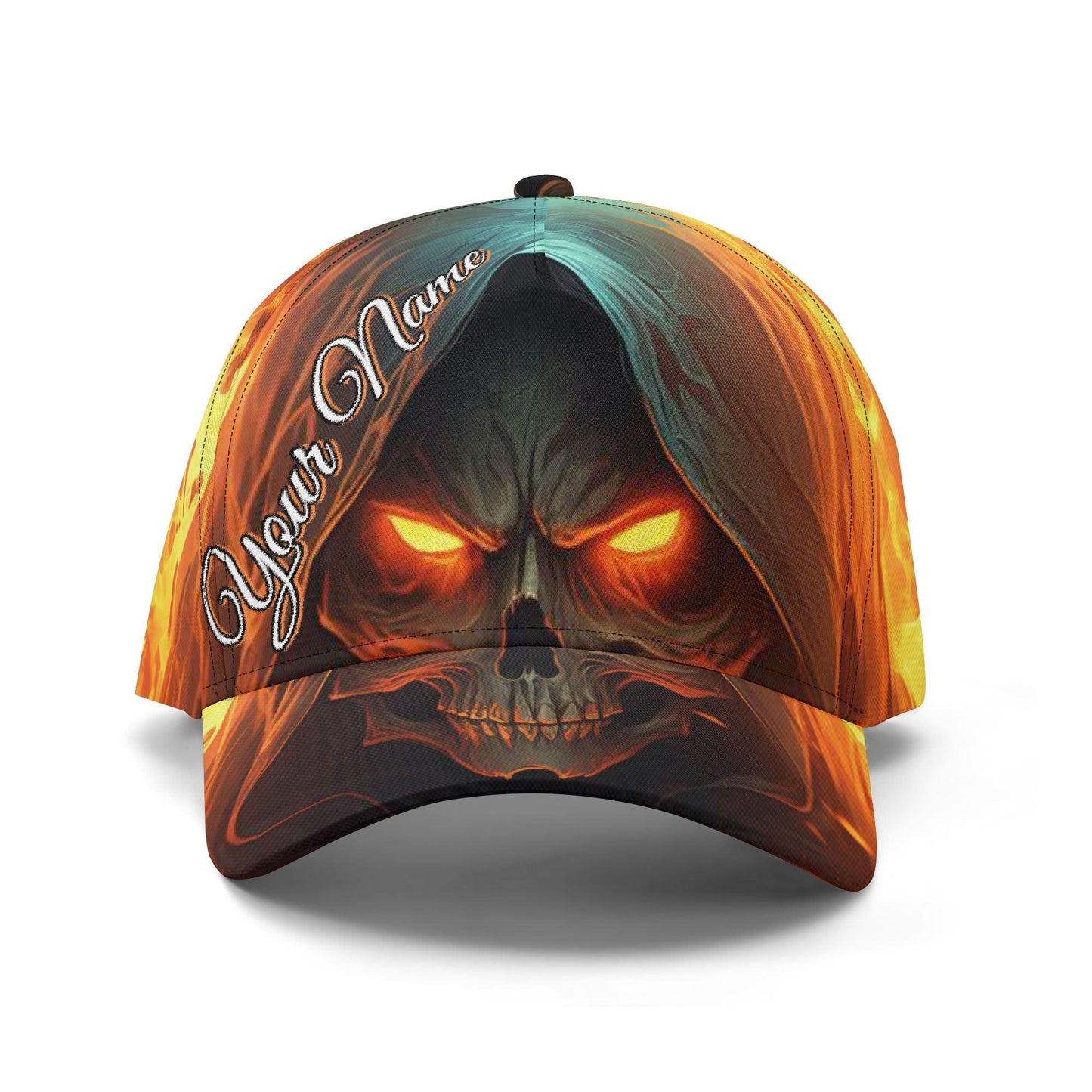 Grim reaper skull baseball cap, fire skull adjustable hat skull baseball cap, skull cap, goth cap, halloween skeleton flame skull cap