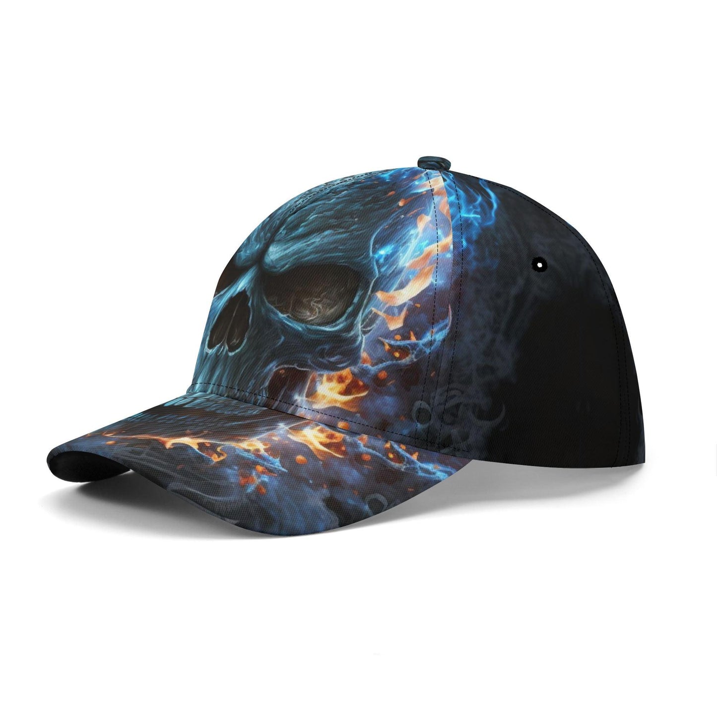 Personalized Flaming Skull Cap - Custom Name Blue Fire Skull Trucker Hat, Gothic Skeleton Streetwear, Unique Headwear for Men & Women