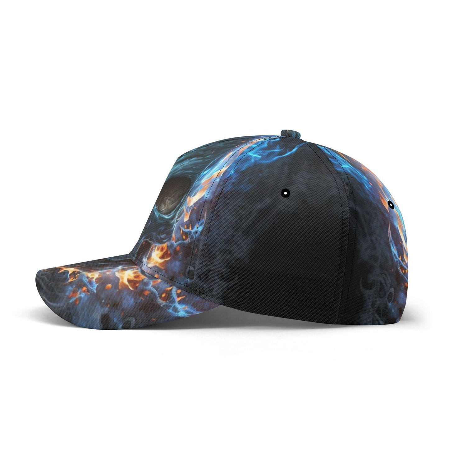 Personalized Flaming Skull Cap - Custom Name Blue Fire Skull Trucker Hat, Gothic Skeleton Streetwear, Unique Headwear for Men & Women
