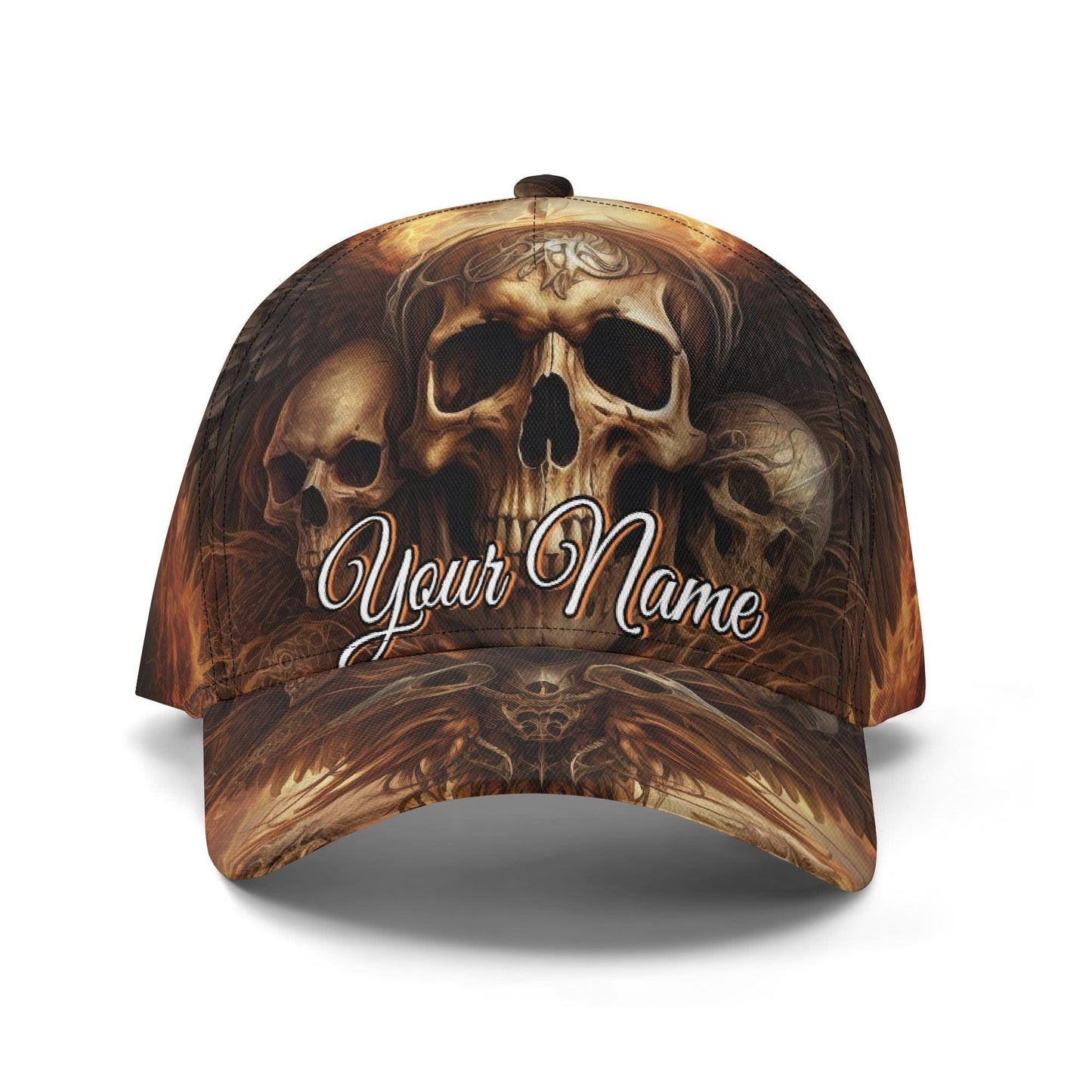 Fiery Skull Cap with Glowing Eyes and Flames Design - Orange Yellow Blue Goth Hat Unique Gift