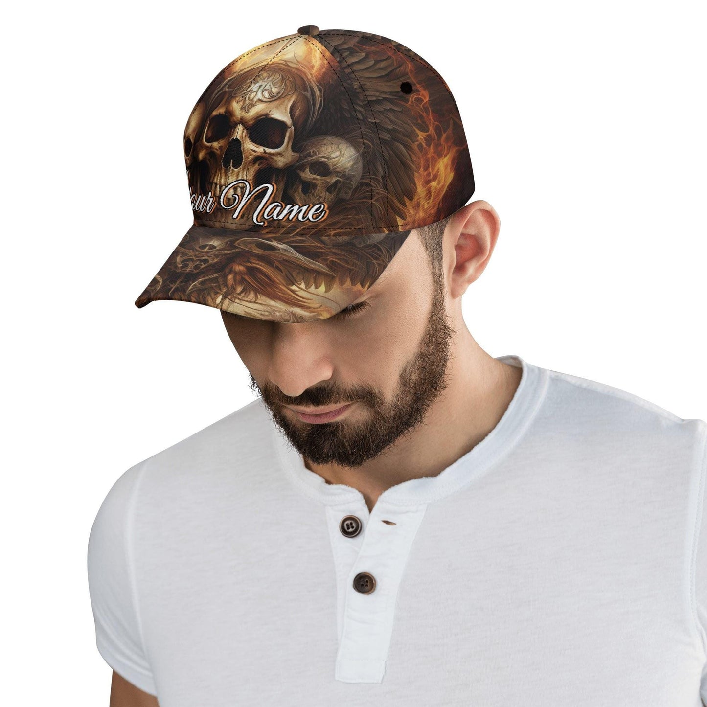 Fiery Skull Cap with Glowing Eyes and Flames Design - Orange Yellow Blue Goth Hat Unique Gift