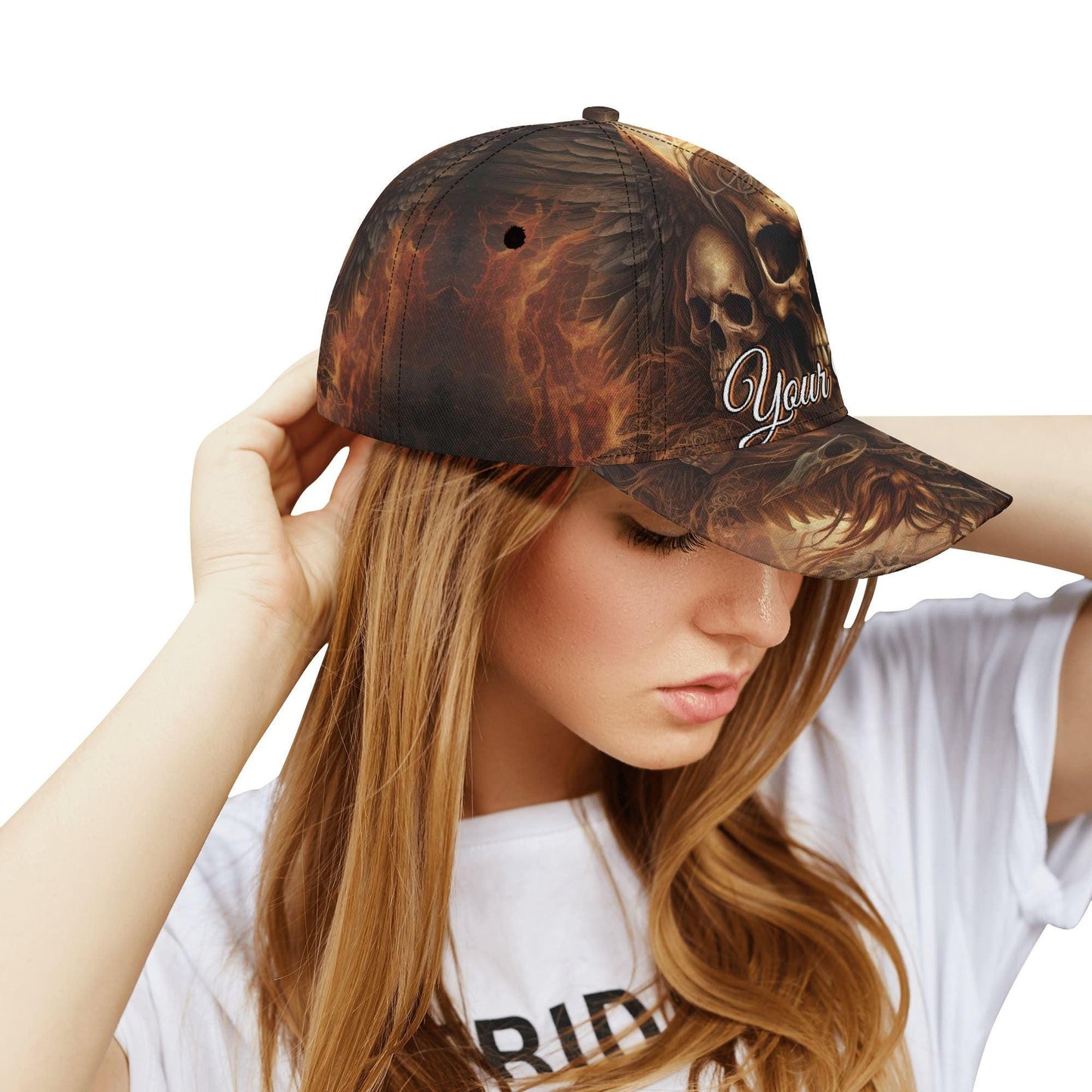 Fiery Skull Cap with Glowing Eyes and Flames Design - Orange Yellow Blue Goth Hat Unique Gift