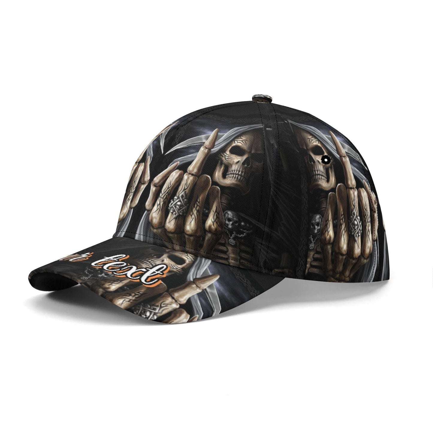 Grim Reaper Skull Cap with Custom Text - Black Goth Hat with Skeleton Unique Gift for her him, gothic baseball cap, skull hat, halloween cap