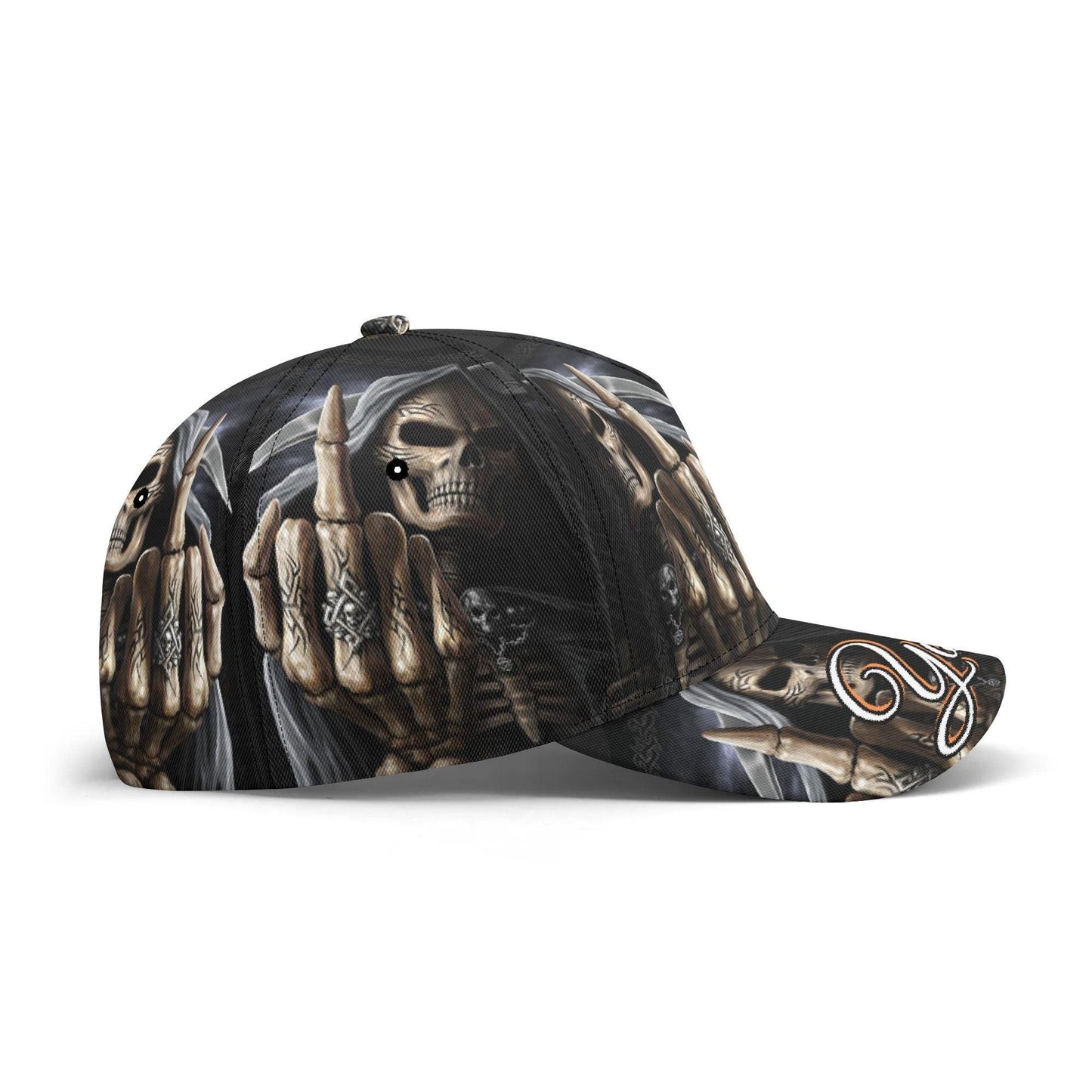Grim Reaper Skull Cap with Custom Text - Black Goth Hat with Skeleton Unique Gift for her him, gothic baseball cap, skull hat, halloween cap