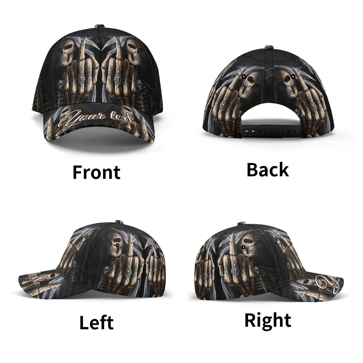 Grim Reaper Skull Cap with Custom Text - Black Goth Hat with Skeleton Unique Gift for her him, gothic baseball cap, skull hat, halloween cap