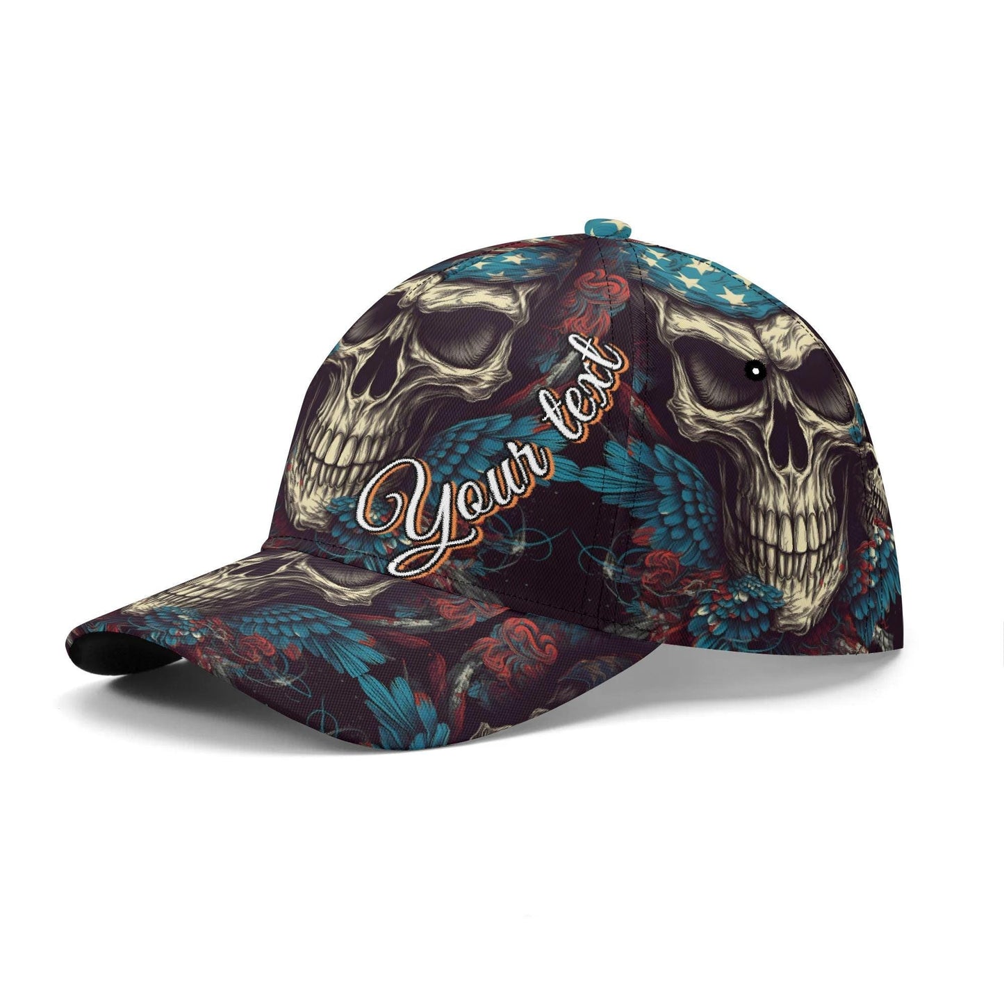 Skull & Feathers Baseball Cap - Gothic Skull Design Hat with Vibrant Wings - Customizable Text - Unique Handcrafted Gift, skull baseball cap