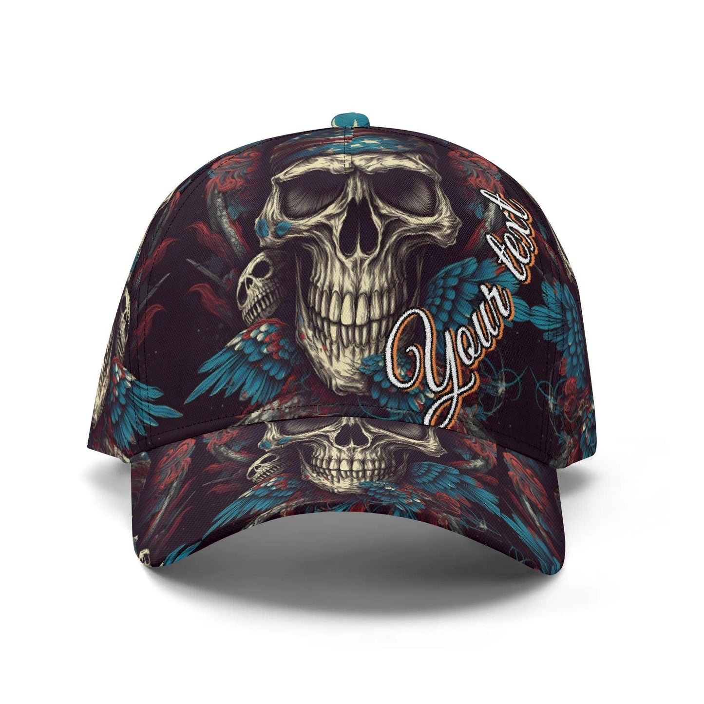 Skull & Feathers Baseball Cap - Gothic Skull Design Hat with Vibrant Wings - Customizable Text - Unique Handcrafted Gift, skull baseball cap