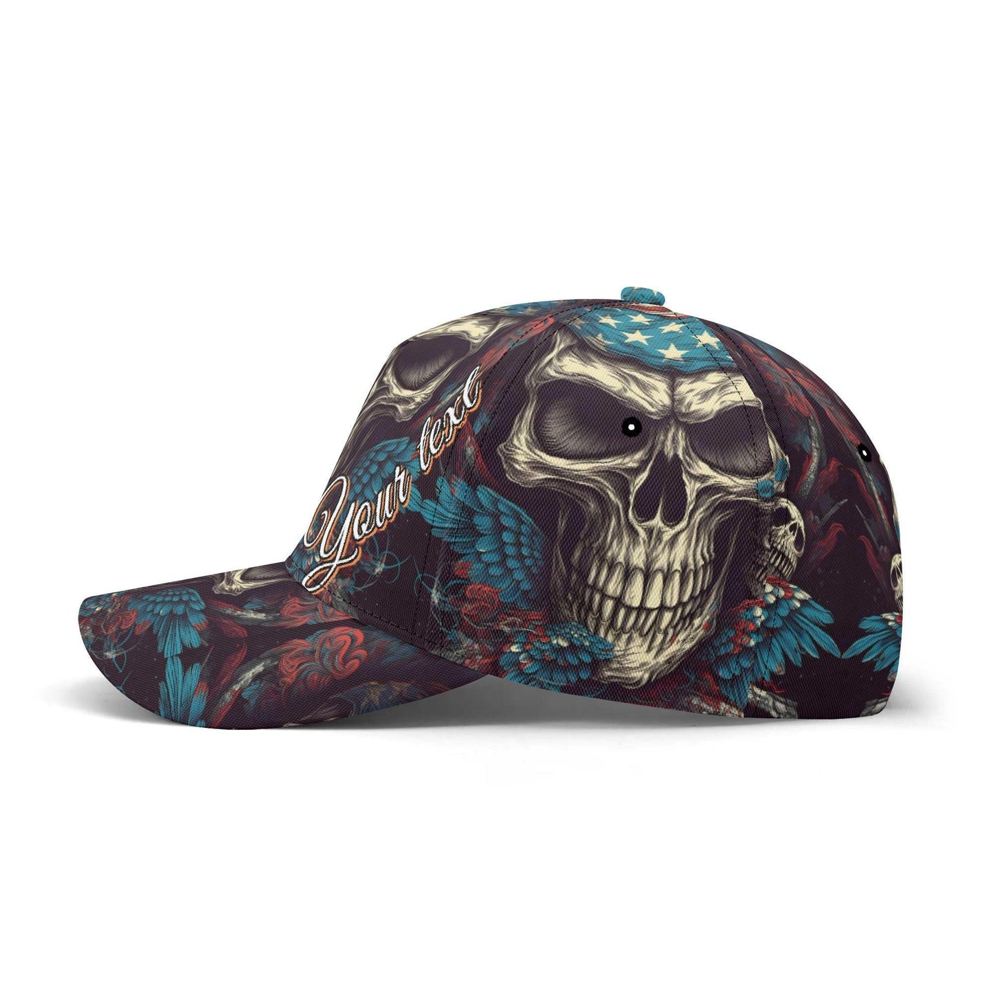 Skull & Feathers Baseball Cap - Gothic Skull Design Hat with Vibrant Wings - Customizable Text - Unique Handcrafted Gift, skull baseball cap