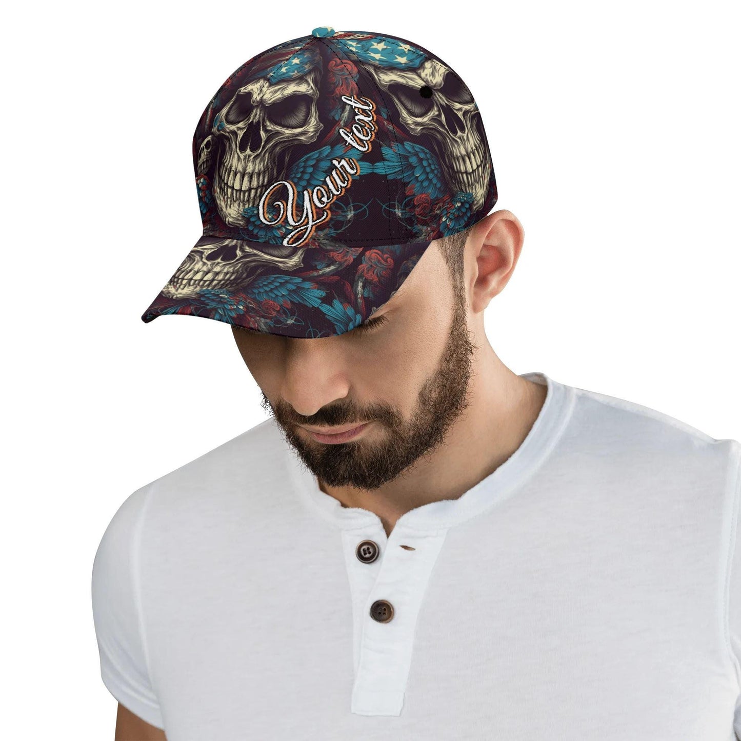 Skull & Feathers Baseball Cap - Gothic Skull Design Hat with Vibrant Wings - Customizable Text - Unique Handcrafted Gift, skull baseball cap
