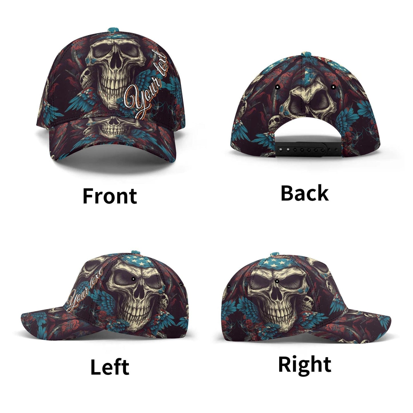 Skull & Feathers Baseball Cap - Gothic Skull Design Hat with Vibrant Wings - Customizable Text - Unique Handcrafted Gift, skull baseball cap