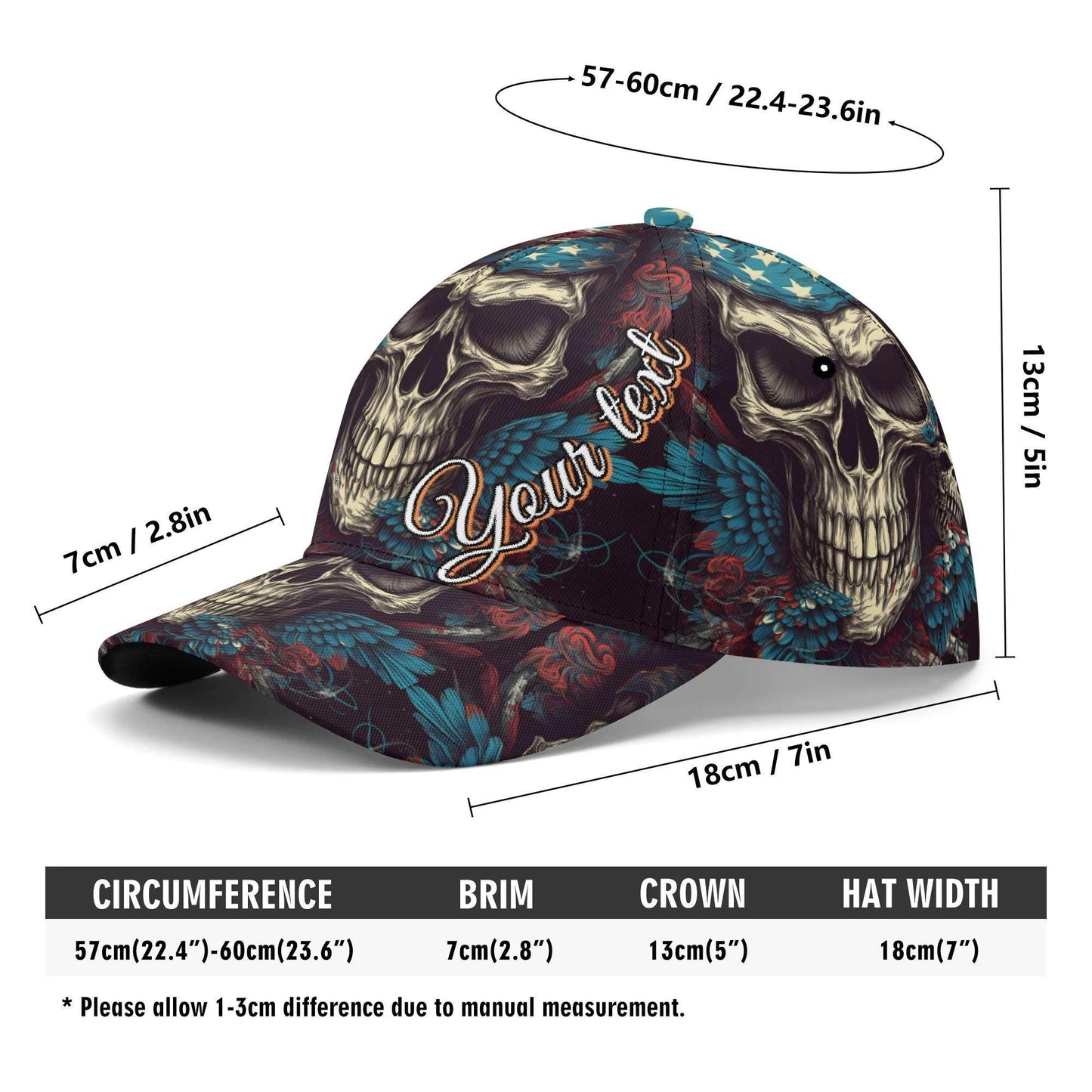 Skull & Feathers Baseball Cap - Gothic Skull Design Hat with Vibrant Wings - Customizable Text - Unique Handcrafted Gift, skull baseball cap