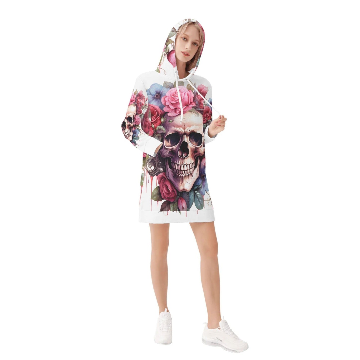 Floral skull dress hoodie, rose skull skeleton Hoodie Dress - Halloween Grim Reaper Pullover shirt, grim reaper dress skeleton dress hoodie