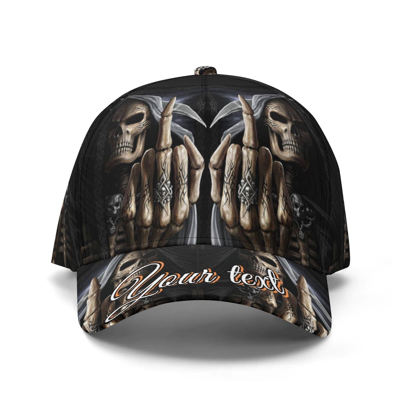 Grim Reaper Skull Cap with Custom Text - Black Goth Hat with Skeleton Unique Gift for her him, gothic baseball cap, skull hat, halloween cap