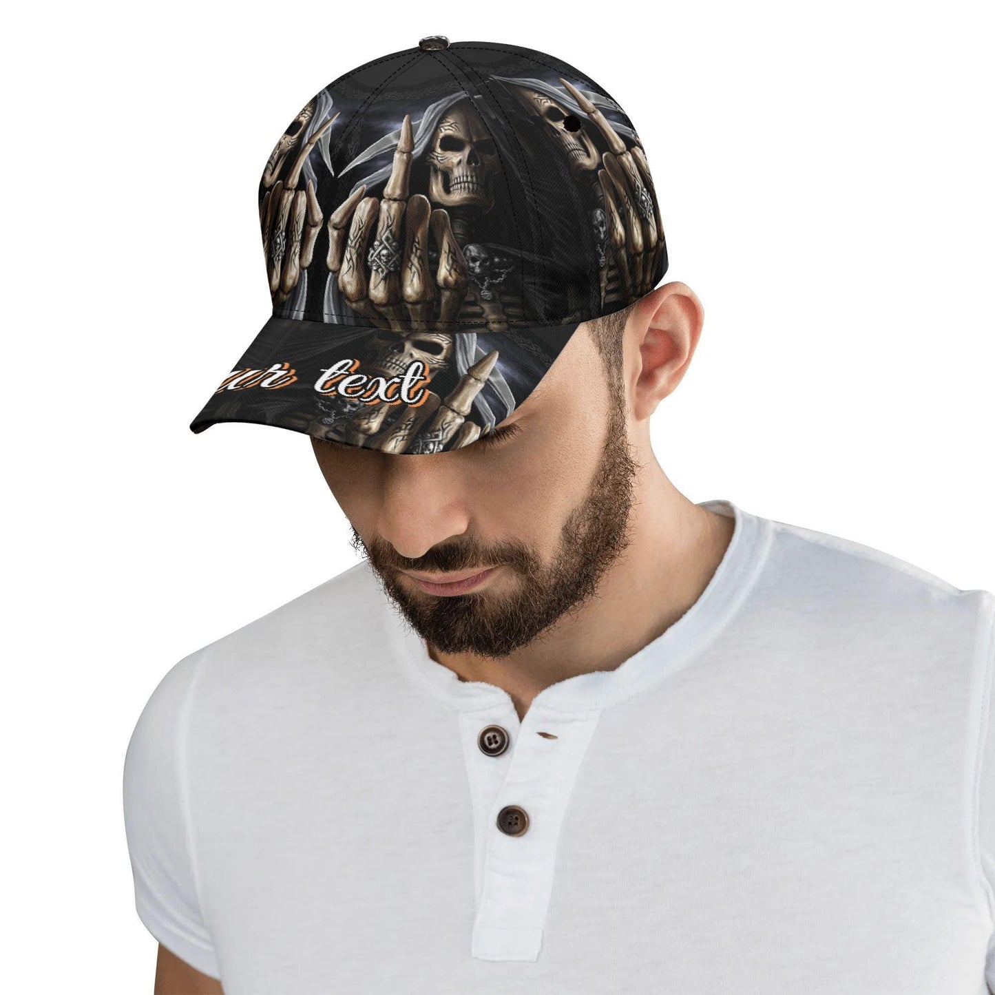 Grim Reaper Skull Cap with Custom Text - Black Goth Hat with Skeleton Unique Gift for her him, gothic baseball cap, skull hat, halloween cap