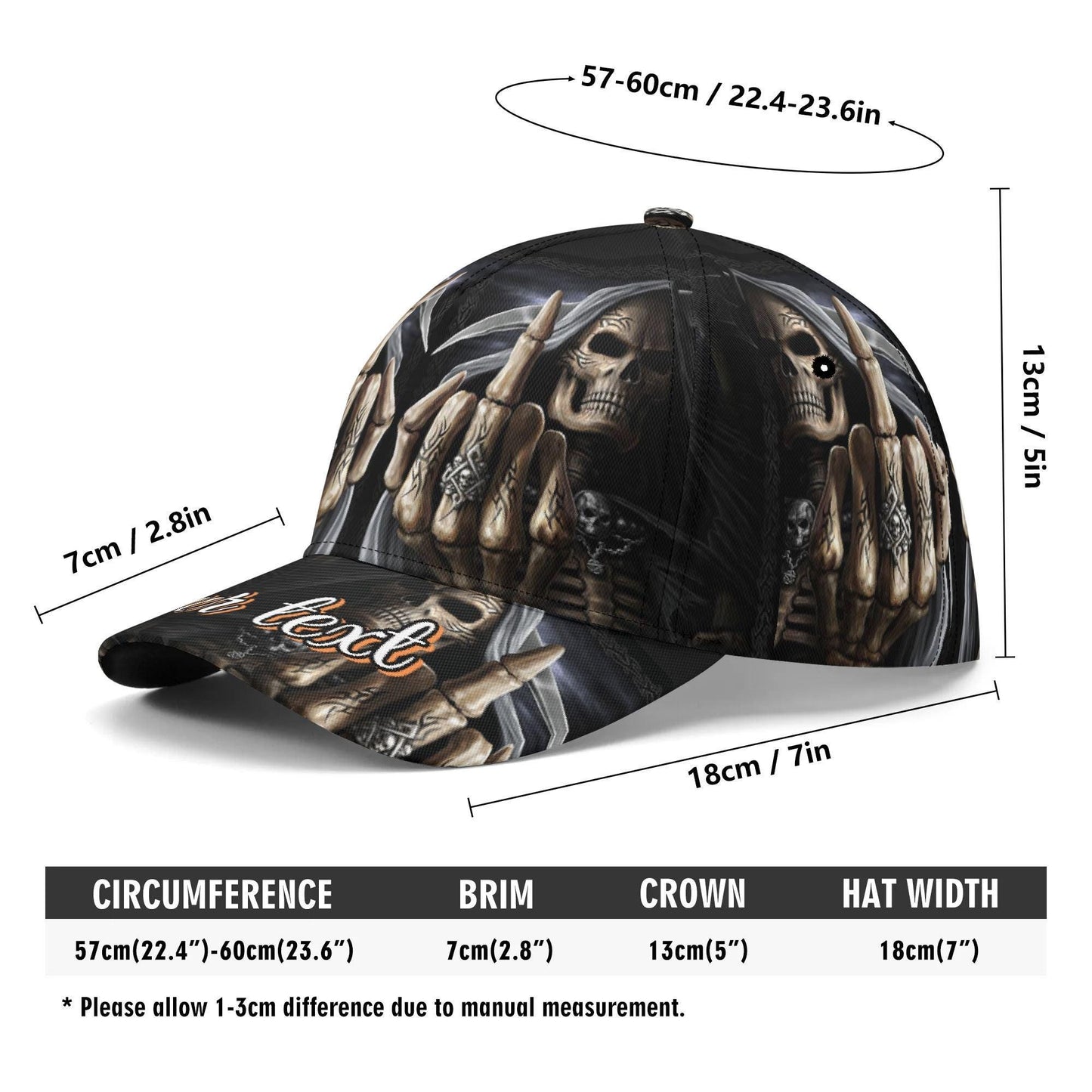 Grim Reaper Skull Cap with Custom Text - Black Goth Hat with Skeleton Unique Gift for her him, gothic baseball cap, skull hat, halloween cap