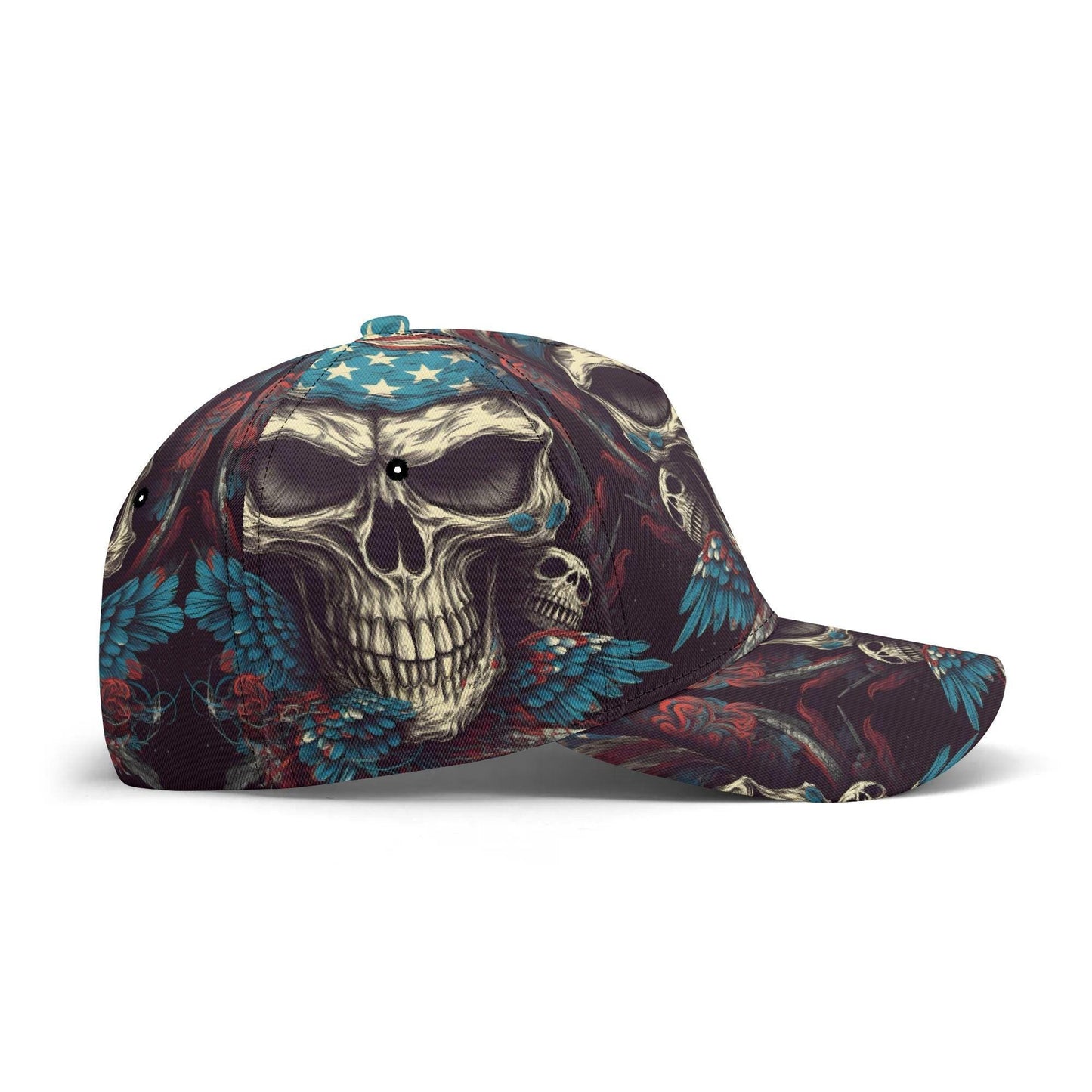Skull & Feathers Baseball Cap - Gothic Skull Design Hat with Vibrant Wings - Customizable Text - Unique Handcrafted Gift, skull baseball cap