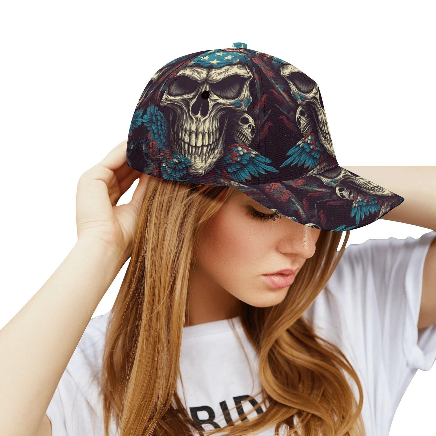 Skull & Feathers Baseball Cap - Gothic Skull Design Hat with Vibrant Wings - Customizable Text - Unique Handcrafted Gift, skull baseball cap