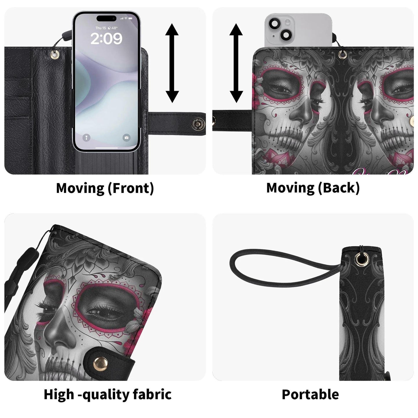 Skull Phone Flip Case PU Leather Cover for Most Mobile Phone Models, skeleton phone case, skull phone wallet, skull iphone case card holder