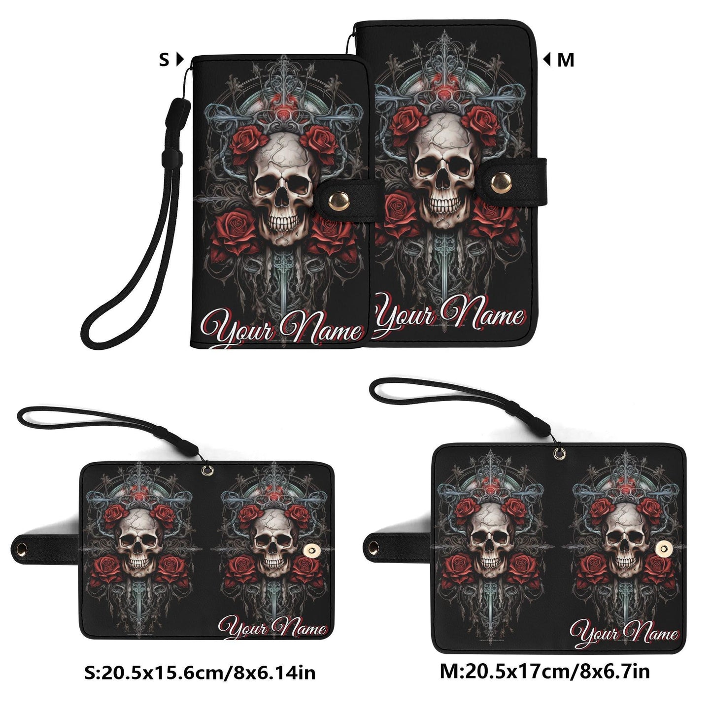 Gothic Skull Phone Wallet Case with Roses â€“ Custom Name â€“ Leather Flip Cover with Card Holder, Grim Reaper Style Phone Case