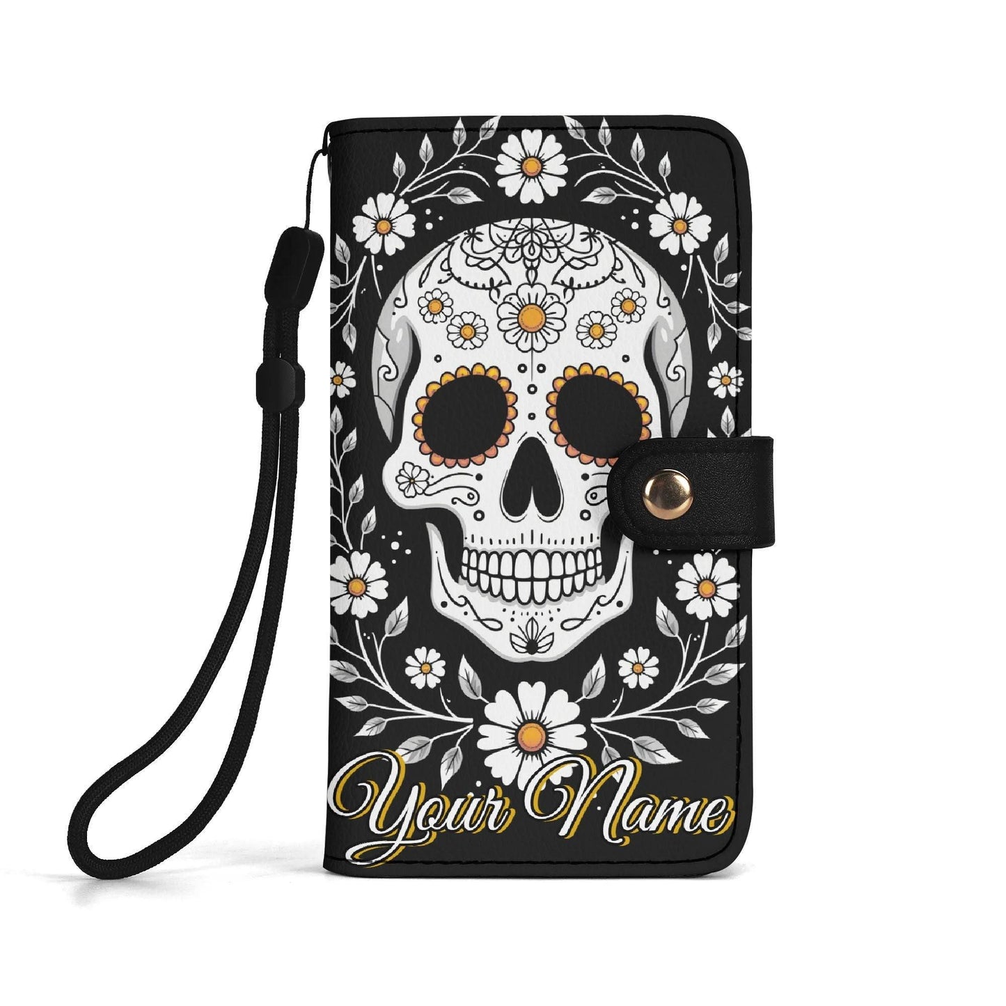 Sugar Skull Phone Wallet Case with Roses â€“ Custom Name â€“ Leather Flip Cover with Card Holder, Day of the dead Style Phone Case