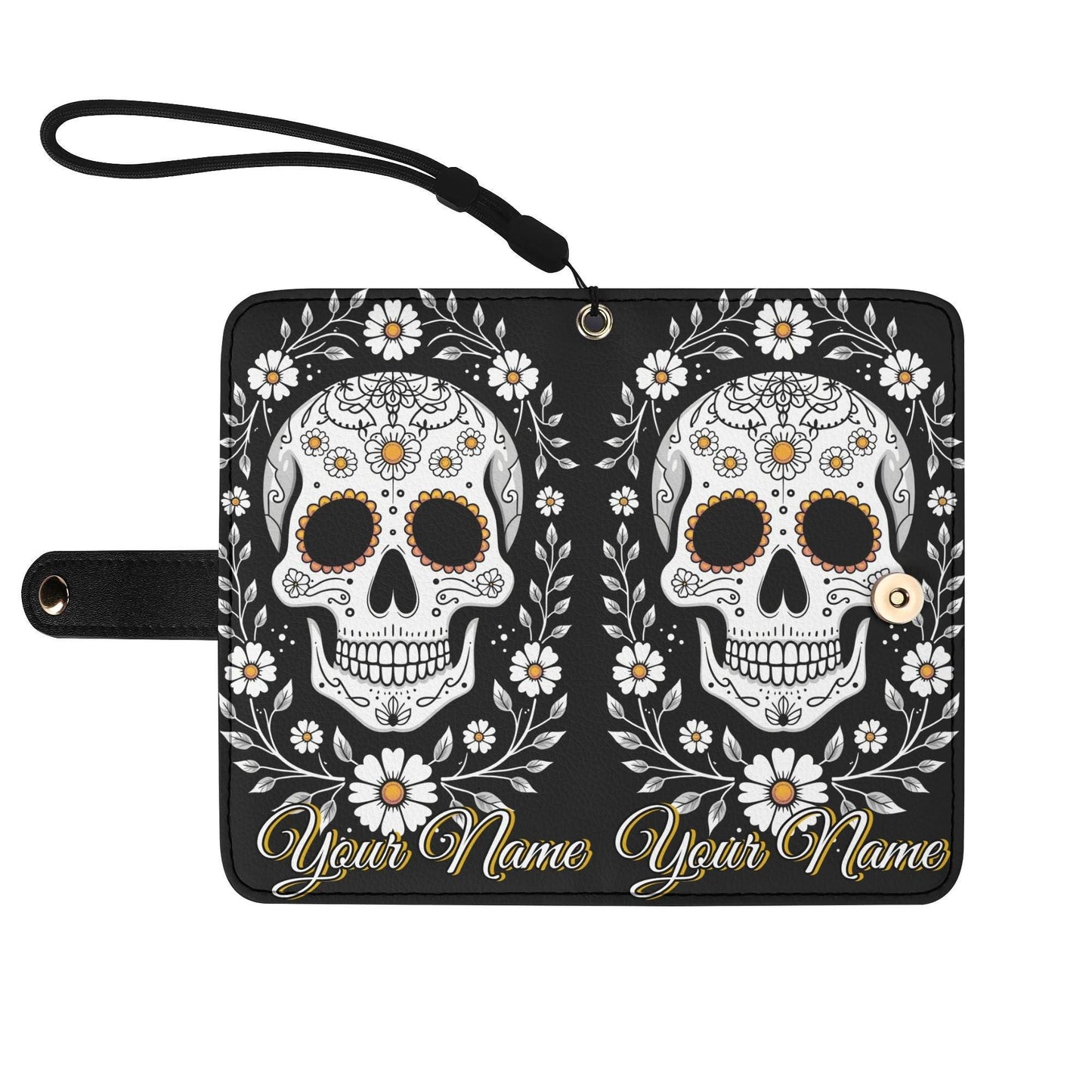 Sugar Skull Phone Wallet Case with Roses â€“ Custom Name â€“ Leather Flip Cover with Card Holder, Day of the dead Style Phone Case