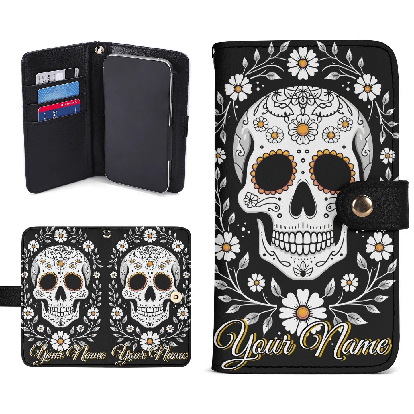 Sugar Skull Phone Wallet Case with Roses â€“ Custom Name â€“ Leather Flip Cover with Card Holder, Day of the dead Style Phone Case