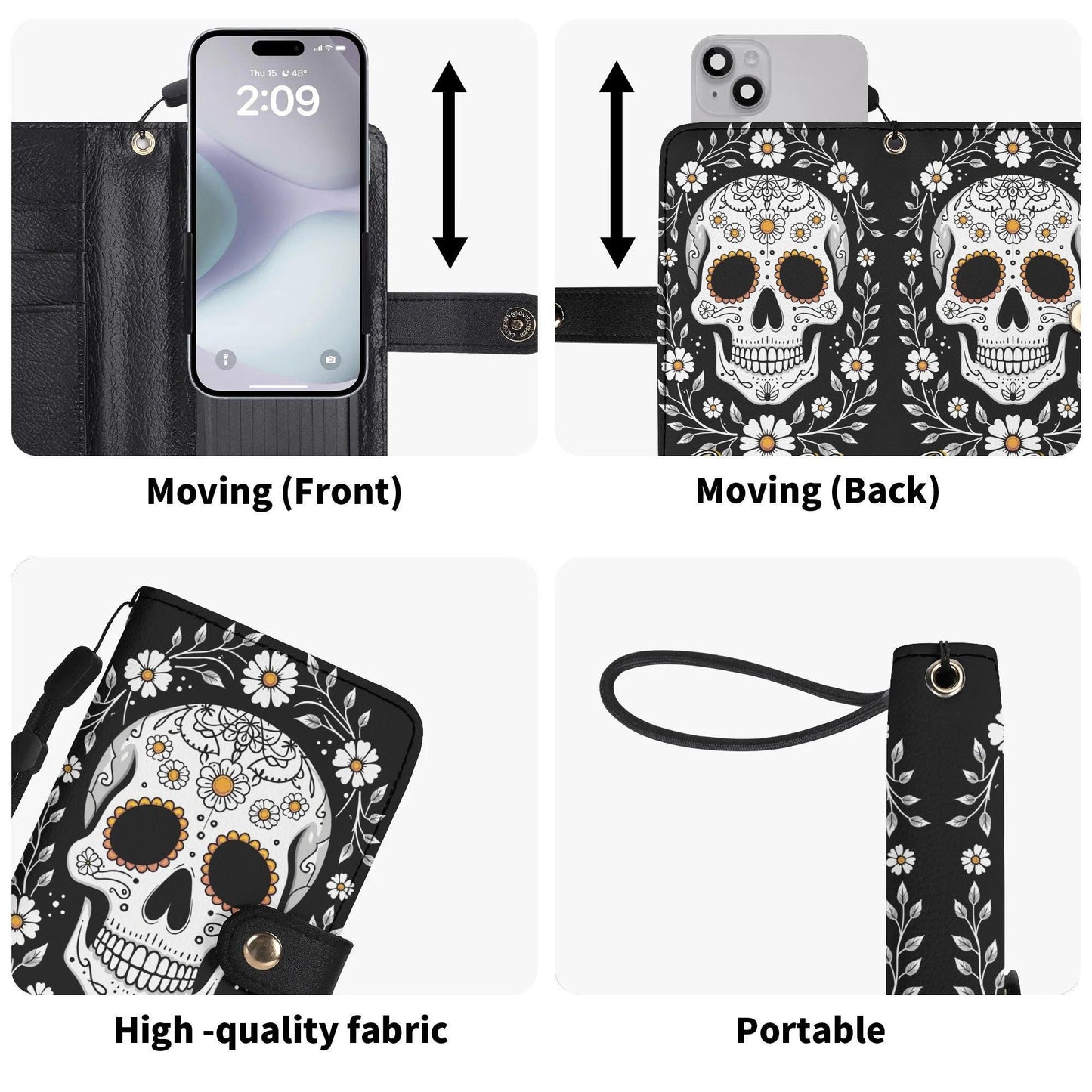 Sugar Skull Phone Wallet Case with Roses â€“ Custom Name â€“ Leather Flip Cover with Card Holder, Day of the dead Style Phone Case