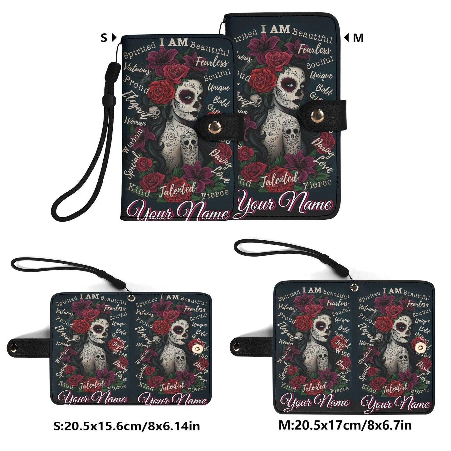 Sugar Skull girl Phone Wallet Case â€“ Custom Name â€“ Candy skull Leather Flip Cover with Card Holder, Dia de los muertos skull Phone Case